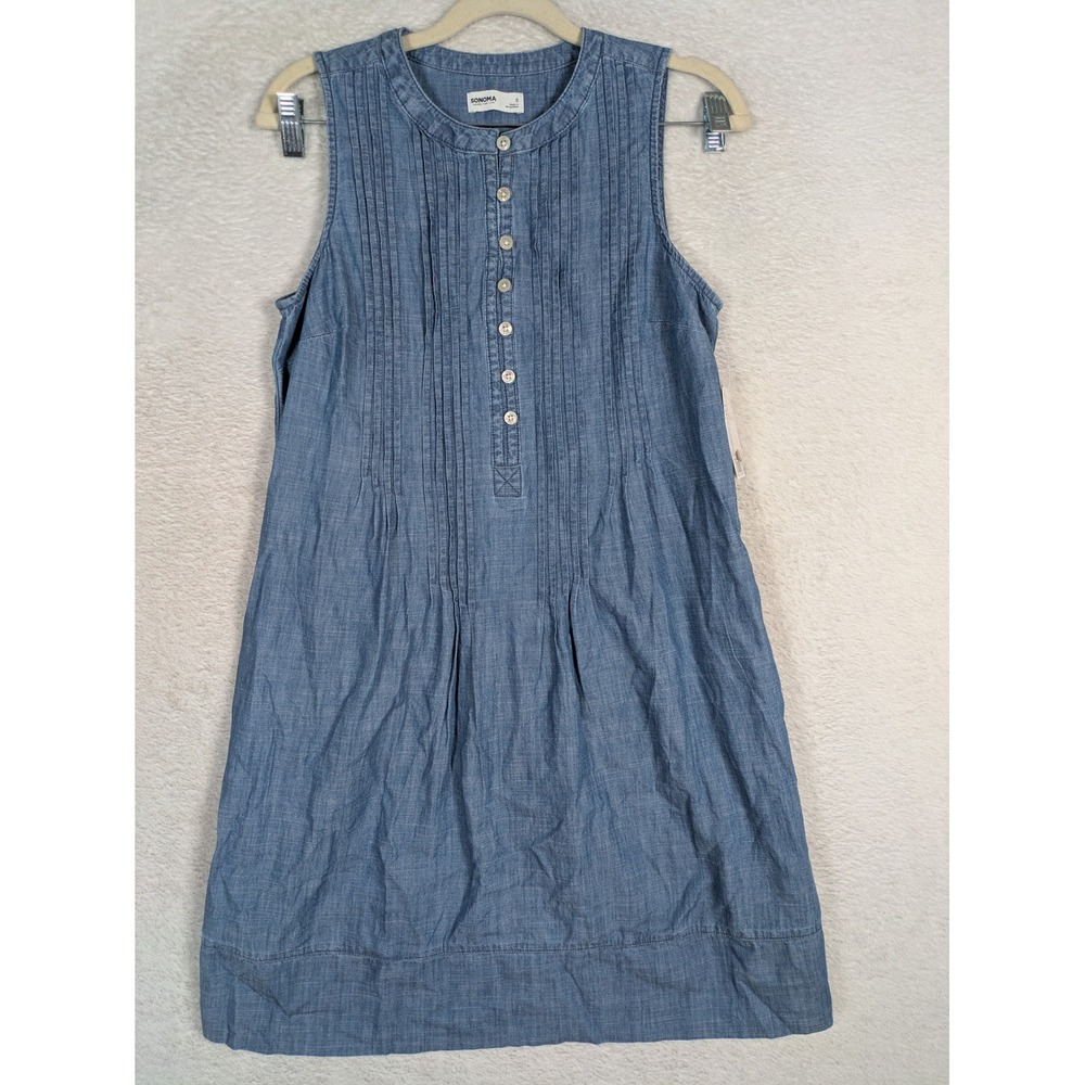 NEW Sonoma Mini Dress Women's Small Blue Pintuck Sleeveless Button Front Henley